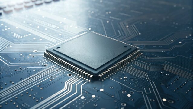 A close-up view of a microchip on a printed circuit board, showcasing intricate pathways and electronic connections.