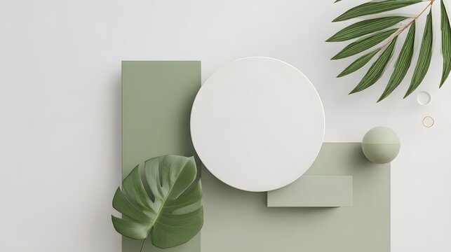 abstract minimal geometric shapes composition, podium and, tropical leaves.
