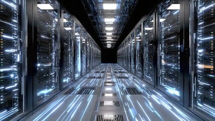 A futuristic data center featuring sleek server racks and illuminated pathways, highlighting advanced technology and digital infrastructure in a modern computing environment. - Powered by Adobe