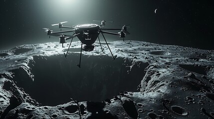 Aerial vehicle hovering above a cratered surface with a crescent in the distance