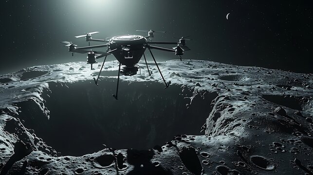 Aerial vehicle hovering above a cratered surface with a crescent in the distance - Powered by Adobe