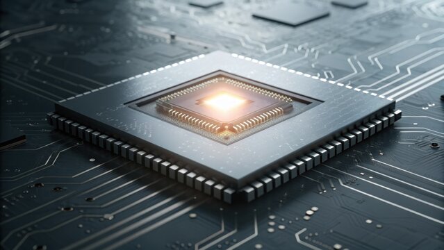 A close-up view of a microprocessor on a circuit board, showcasing intricate details and glowing elements, symbolizing advanced technology and innovation. - Powered by Adobe