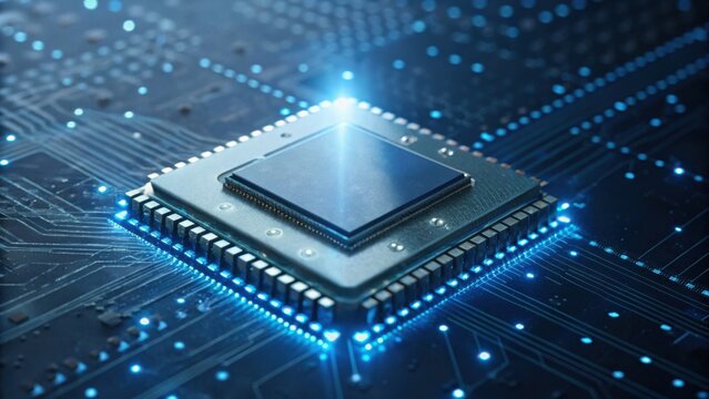 A close-up of a microchip on a circuit board, illuminated with blue lights, showcasing intricate electronic connections and technology.