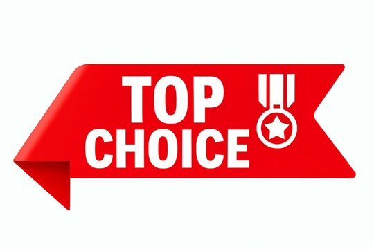 Bright red banner with white text reading top choice and a medal icon symbolizing excellence and quality