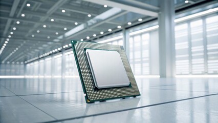 A modern microprocessor displayed in a bright, sleek environment, emphasizing technology and innovation in computing.