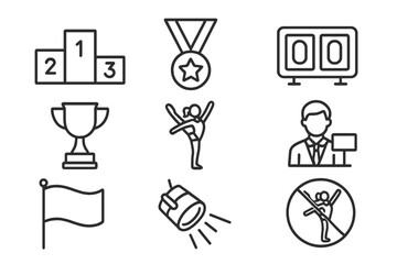 Gym Competition Icons. Line style icons of Gym Competition: Podium, Medal, Scoreboard, Trophy, Gymnast, Judge, Flag, Spotlight, No