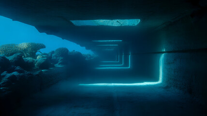 Underwater Cave with Light Beams and Coral Reef, Abstract Marine Landscape with Turquoise Water and Rock Formations