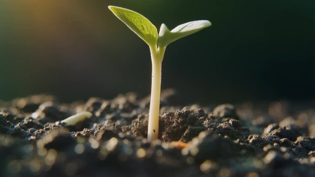 Breaking the Surface. The pale green hypocotyl arch of a bean sprout is just breaking through the surface of the dark moist soil. It is lifting small crumbs of dirt and a tiny piece of gravel.
