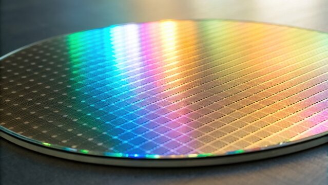 A reflective silicon wafer showcasing a colorful spectrum, used in semiconductor manufacturing and technology applications.