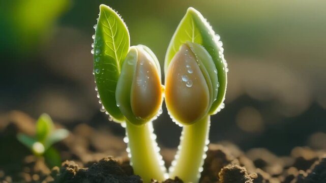 The Cotyledons Emerge. A photorealistic cinematic close-up of a new bean sprout that has just emerged. The hypocotyl has pulled the two large fleshy seed leaves (cotyledons) out of the soil.
