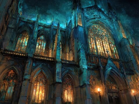 Gothic Cathedral Exterior Night Illuminated Stained Glass Windows Intricate Facade Ancient Stone Architecture Vibrant Colors - Powered by Adobe