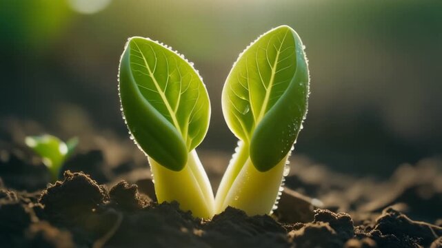 The Cotyledons Opening. A new bean sprout that has just emerged. The two large fleshy seed leaves (cotyledons) are in the process of opening up like a book facing the soft morning sun.
