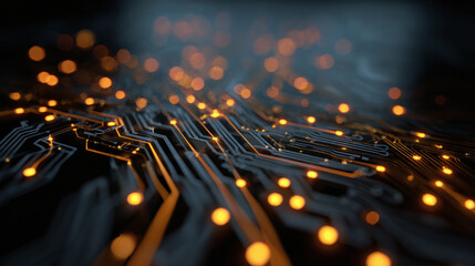 Illuminating digital pathways on a circuit board, showcasing a futuristic network of connections and data flow.