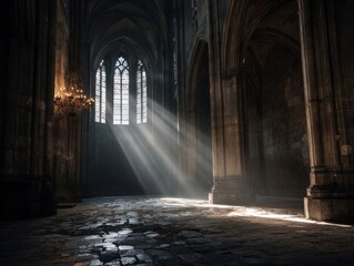Dramatic Sunlight Beams Piercing through Arched Stained-Glass Window into Dark Gothic Hallway, Medieval Castle Interior