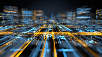 A futuristic digital cityscape with glowing lines and lights, representing a network of connections - Powered by Adobe