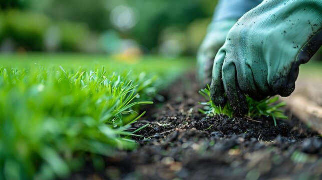 Hands in gloves planting grass seedlings in soil for a lush green garden area