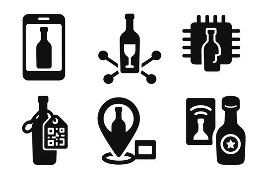 Digital Wine Icons. Solid style icons of digital vintage records: virtual wine cellar icon, blockchain wine ledger, age