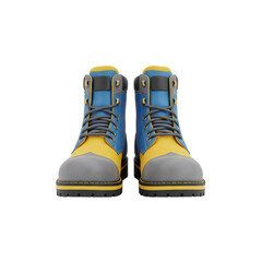 Pair of blue and yellow work boots isolated on transparent background