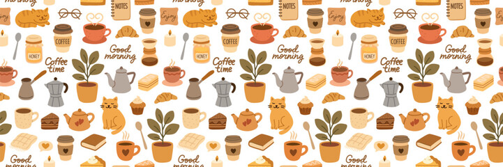 Cozy coffee morning pattern.Cute cats, coffee cups