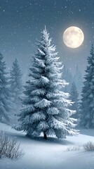 Pine tree standing in snowy winter night with full moon