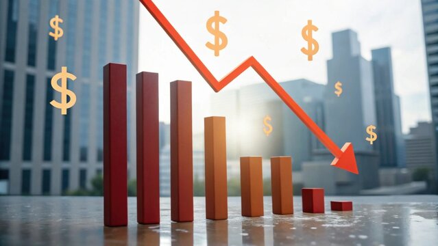 A financial graphic showing a declining bar chart with dollar signs, symbolizing economic downturn or market decline against a city backdrop.