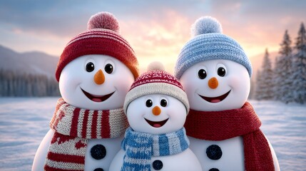 Snowman family enjoying winter outdoor scene