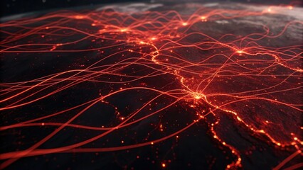 A vibrant visualization of interconnected data flows over a dark landscape, depicting dynamic networks and urban connectivity through glowing red lines.