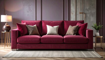 Elegant bold-hue modular sofa in rich burgundy tone with smooth upholstery, accent pillows, and minimalist décor setting, 