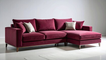 Elegant bold-hue modular sofa in rich burgundy tone with smooth upholstery, accent pillows, and minimalist décor setting, 