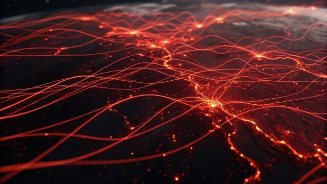 A vibrant visualization of interconnected data flows over a dark landscape, depicting dynamic networks and urban connectivity through glowing red lines.