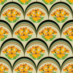 ​A seamless repeating pattern featuring stylized orange and yellow flowers and green leaves within a scalloped, Art Deco-inspired arch motif on a pale tan background.