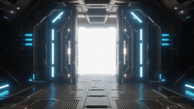 Cinematic Slow Movement Through Dark Sci fi Corridor with Bright Portal