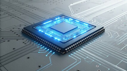 A close-up of a glowing microchip on a circuit board, symbolizing advanced technology and electronic innovation.