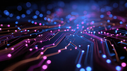 An intricate circuit board, glowing with luminous pathways of data flow