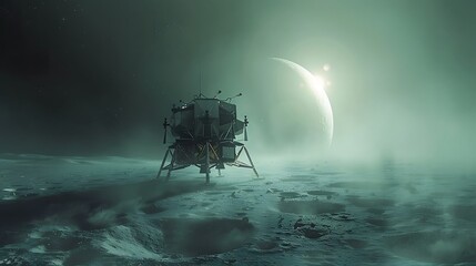 A lunar module rests upon a surface with a bright celestial body in distance