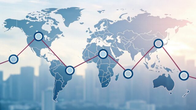 A stylized world map with a data trend line overlay, representing global connections and analytics against a cityscape backdrop.