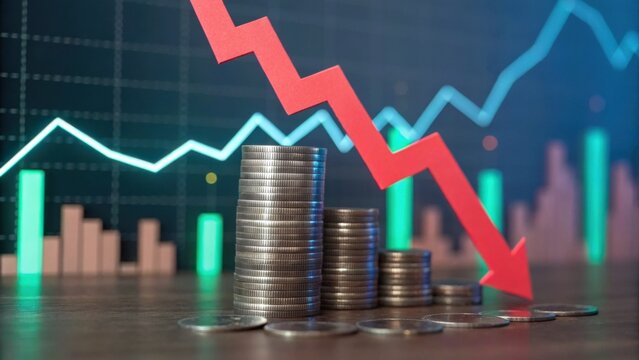 A visual representation of financial trends, showcasing falling red graphs alongside stacks of coins, indicating a downturn in market performance. - Powered by Adobe
