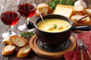 Cheese fondue pot with bread and red wine