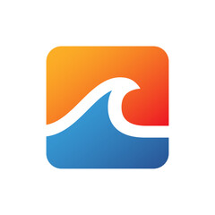 Modern abstract logo featuring a blue ocean wave and an orange-yellow sun inside a rounded square shape