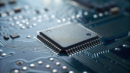 A close-up image of a microchip on a circuit board, showcasing intricate pathways and electronic components.
