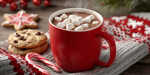 Steaming hot chocolate with marshmallows, cookies, and candy cane