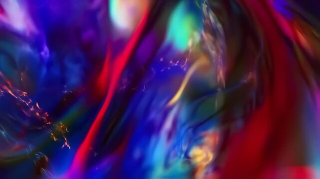 Abstract iridescent shapes blend and overlap with dynamic flow, creating a vibrant, colorful visual