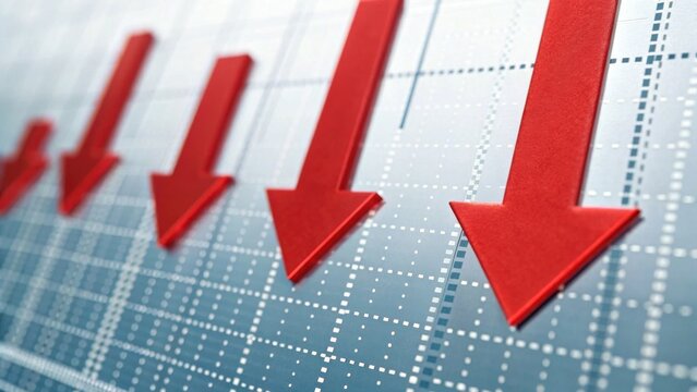 A graphical representation showing red arrows pointing downward against a blue grid, indicating a decline or decrease in data. - Powered by Adobe
