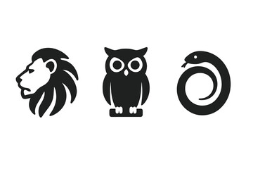 Obraz premium Animal Totem Icons. Solid style icons of animal symbolism: lion glyph, owl icon, snake badge. Spirit animal chart, totem ring,