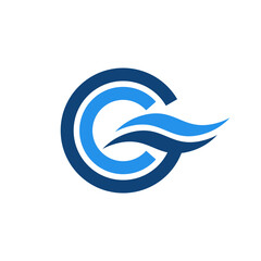 Abstract Water Wave C Logo. A modern and fluid logo design featuring a bold circular "C" shape in deep blue outline.