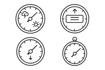 Line Style Barometers. Line style icons of barometers in round shape: analog barometer, digital barometer, pressure gauge,