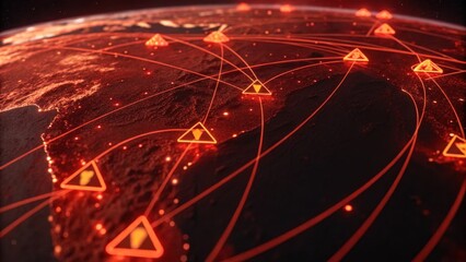 A digital representation of Earth with glowing red connections and warning symbols, suggesting a network or communication theme.