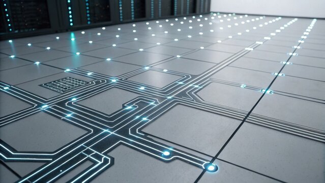 A futuristic floor design with illuminated circuit patterns, suggesting a high-tech environment, possibly in a data center or server room.