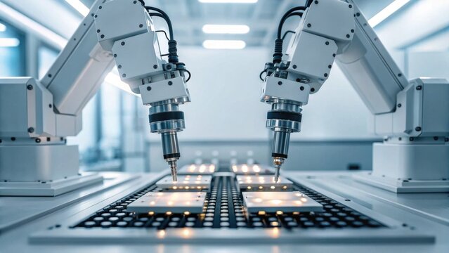 Two robotic arms engage in precision work on a flat surface, showcasing advanced technology in a modern, well-lit environment.