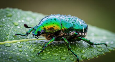 Fototapeta premium A vibrant green beetle with raindrops on its body, perched on a green leaf with water droplets.